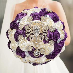 Fleurs décoratives 1 pc/lot Bouquet de mariage de mariée violet ruban artificiel Rose