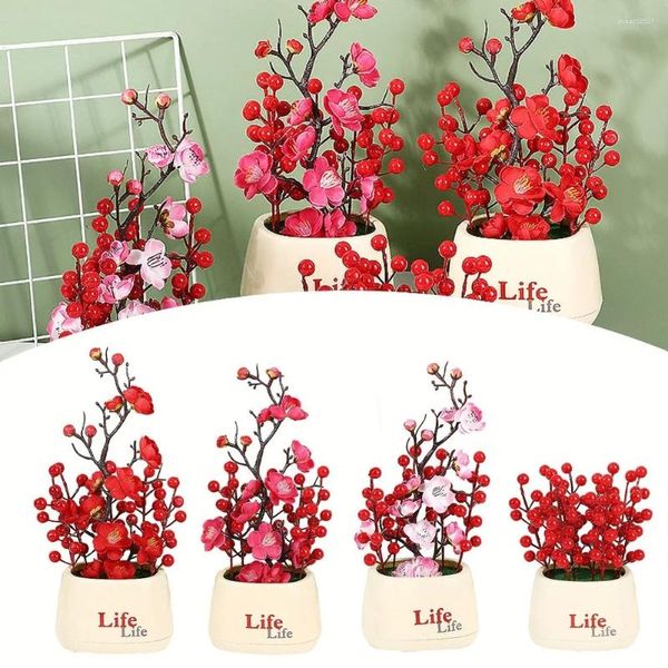 Flores decorativas 1 PC Fuck Fruit Flossom Bonsai planta artificial simulada fortuna en maceta para la fiesta de la fiesta del año decoración del hogar