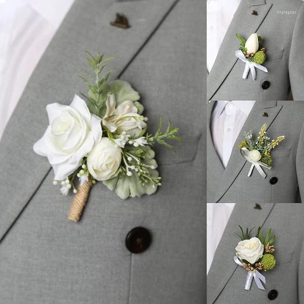 Fleurs décoratives 1pc hommes tulip corsage mariage blanc boutonnière artificiel silk rose broches de demoiselle d'honneur