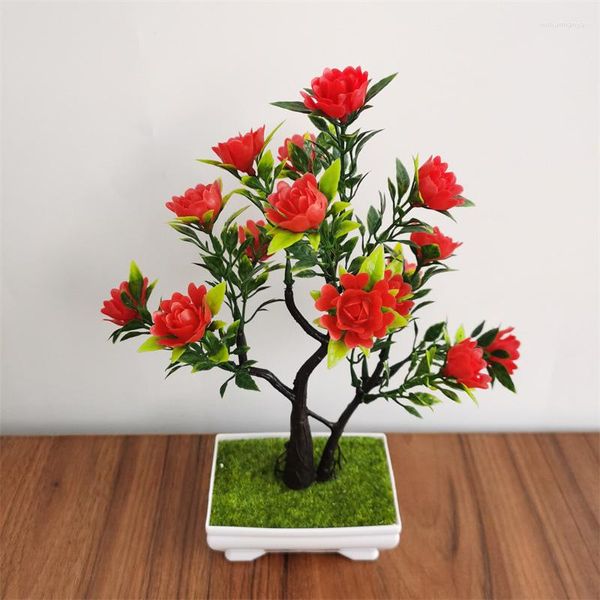 Flores decorativas 1 pieza Mini adornos de escritorio plantas falsas decoración del hogar flor artificial bonsái simulación rosa en maceta