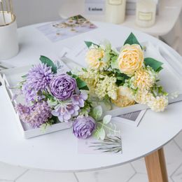 Fleurs décoratives 1 pc Pivoine Hortensia Chrysanthème Artificielle Bouquet De Fleurs En Soie Arrangement Bricolage Matériel De Noce Décoration De La Maison