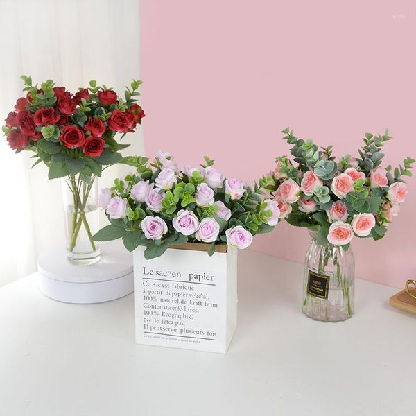 Fleurs décoratives 1 pc Polychrome Soie Artificielle Rose Mini Bouquet Pour Noël Maison Année De Mariage DIY Cadeau Boîte Décoration Faux Plantes