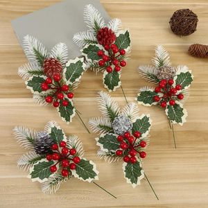 Decoratieve Bloemen 1Pc Rode Bessen Stengels Pijnboomtakken Kunstmatige Kerst Picks Bloemen Kegels DIY Krans Decoraties Tafelornamenten