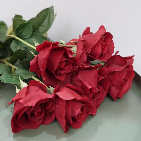 Fleurs décoratives 1 pc Roses Artificielle Rose Fleur Branche Rouge Faux Pour La Fête D'anniversaire De Mariage Décoration De La Maison