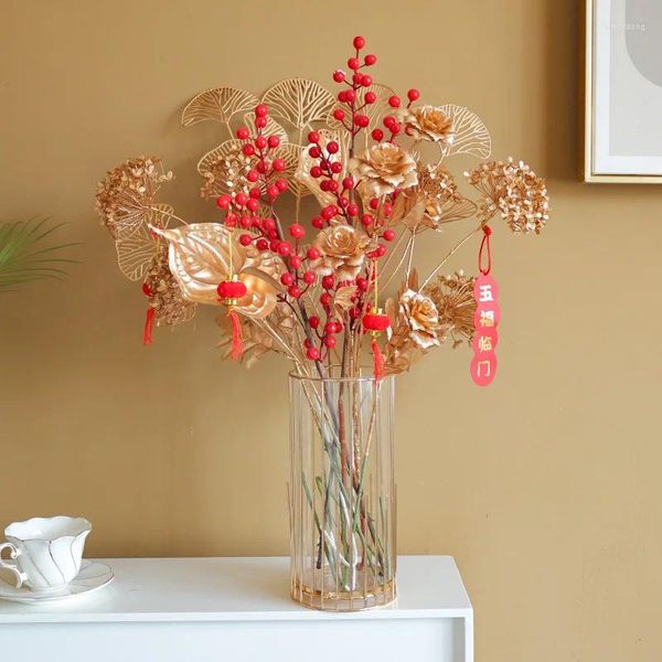 Flores decorativas 1 pieza de hojas de ginkgo doradas simuladas hoja de dinero ramo de plantas artificiales fruta de la suerte al aire libre hogar jardín fiesta boda