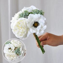 Fleurs décoratives 1 pièce, Simulation de décor de mariage, Bouquets à main, cravate, anémone, pivoine, accessoires de photographie artificiels