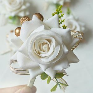 Fleurs décoratives 1PC mariage danse fête décor demoiselle d'honneur soeurs poignet Corsages blanc soie Roses Corsage boutonnière pour les invités