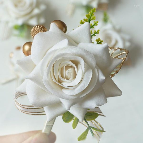 Fleurs décoratives 1PC mariage danse fête décor demoiselle d'honneur soeurs poignet Corsages blanc soie Roses Corsage boutonnière pour les invités