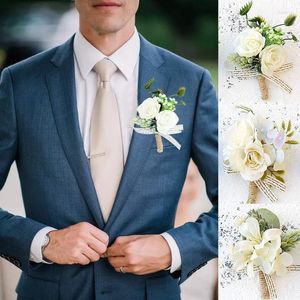 Fleurs décoratives 1pc mariage fleur hommes marié corsages et boutonnières blanc Rose soie broche fête mariée bal décoration accessoires