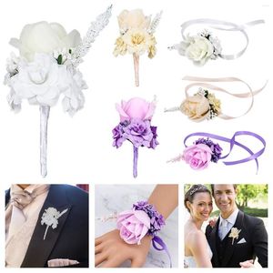 Decoratieve bloemen 1 -stig bruiloft mannen bruidegom corsages en boutonnieres witte roos zijden vintage broche feest bruids prom -decoratie accessoires