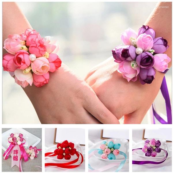 Flores decorativas 1 pieza muñeca de boda ramilletes de rosas fiesta baile mano flor dama de honor pulsera de seda para accesorios