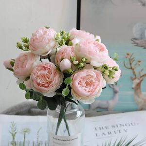 Decoratieve bloemen 1 stks/30 cm roze roze zijden bouquet pieter kunstmatige bloem 5 Big Head 4 Small Bud Bride Wedding Home Decoratie Artifi