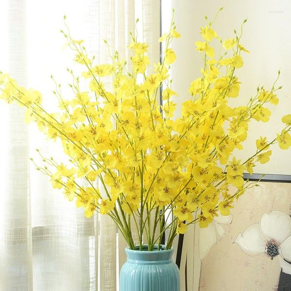 Fleurs décoratives 1 PCS 90 cm Européen Rural Jaune Artificielle Danse Orchidée Fleur De Soie Faux Décoration Pour La Fête De Mariage Décor À La Maison Grande Taille