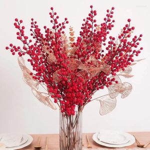 Fleurs décoratives 1 pièces Bouquet de baies rouges de noël fausse plante pour la maison Vase décor ornements d'arbre de noël année fête décoration de salon