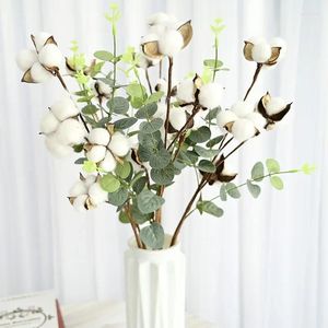 Decoratieve bloemen 1 stks Eucalyptusblad Katoen Tak 4 Hoofd Droge Bloem Simulatie Boeket Thuis Tafelblad Decoratie Nep