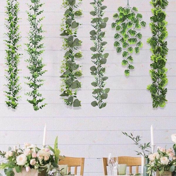 Flores decorativas 1 PPCS Eucalipto verde Hojas de guirnaldas Rattan artificial Venillo de hojas de planta falsa para la boda Decoración de la fiesta de cumpleaños