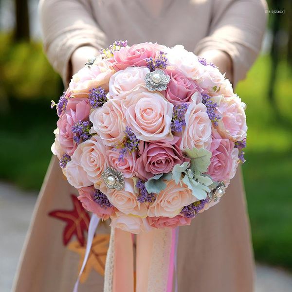 Fleurs décoratives 1 pièces Bouquet de main de mariée romantique Simulation Deocration de mariage avec ruban doux