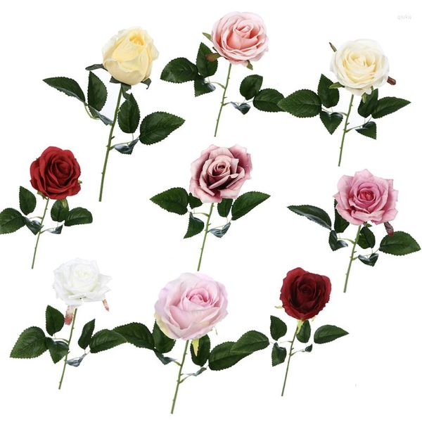 Flores decorativas 1 UNIDS Flor Artificial Rosa 21 Colores Cabeza de Seda Para el Hogar Boda Fiesta de Cumpleaños Suministros de Decoración Hojas Verdes