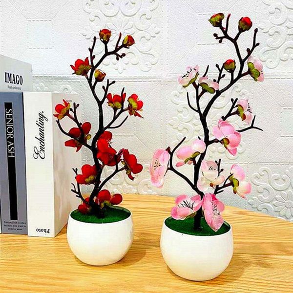 Fleurs décoratives 1 pièces Simulation prune bonsaï plantes en soie artificielle en pot hiver branche fleurs Vases mariage maison chambre décor