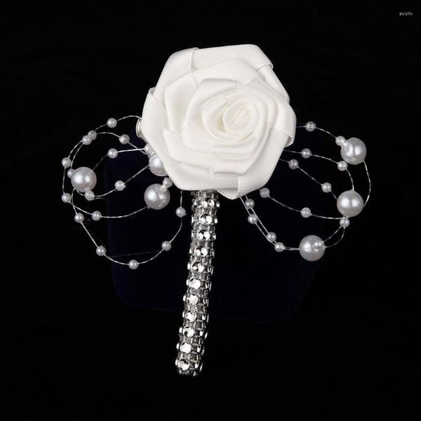 Fleurs décoratives 1 pièce à la main boutonnière de marié ruban blanc Rose fleur de mariage garçons d'honneur Corsage fête bal homme costume broche