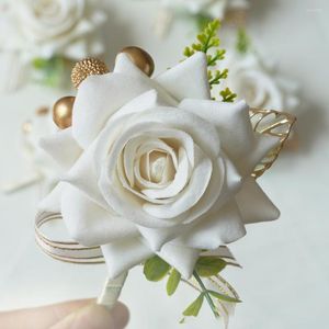 Fleurs décoratives 1 pièce à la main mariage marié boutonnière ou mariée demoiselle d'honneur femmes main poignet fleur artificielle Corsages Rose