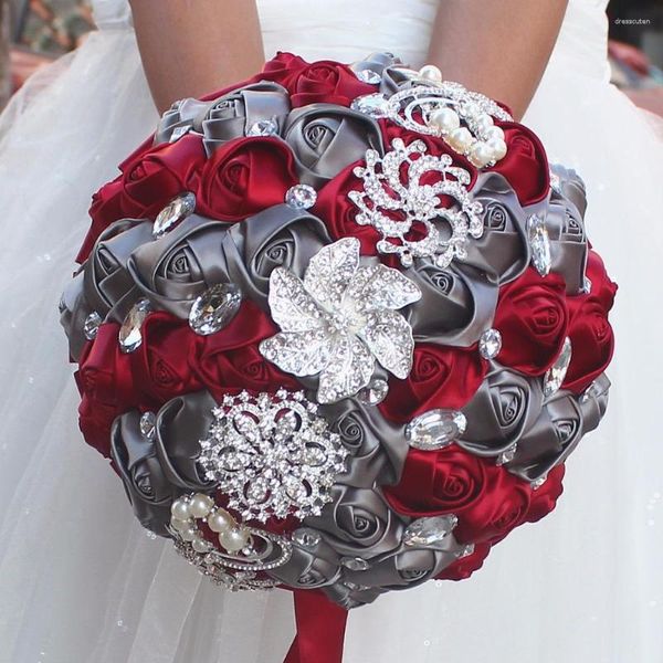 Flores decorativas 1 pieza Venta de vino rojo Flor artificial Ramos de novia Perlas de cristal Dama de honor Boda