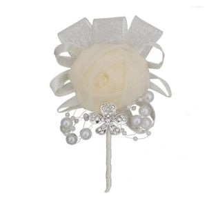 Fleurs décoratives 1 pièce boutonnière de marié de mariage couleur blanc ivoire fil de neige strass perle Corsage fleur bal fête femme homme costume