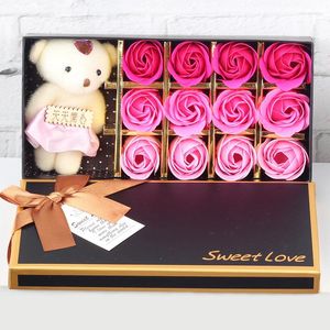 Flores decorativas 1 Juego de jabón de baño perfumado de oso de dibujos animados, caja de regalo de flores rosas para boda, decoración del Día de San Valentín, madres y profesores