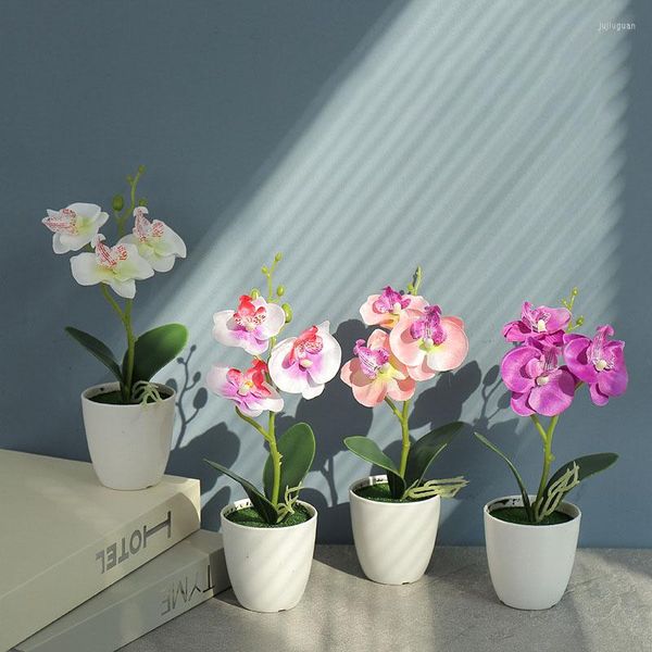Fleurs d￩coratives 1set phalaenopsis simulation Bonsa￯ plante artificielle fleur en c￩ramique pott ensemble de table d'accueil