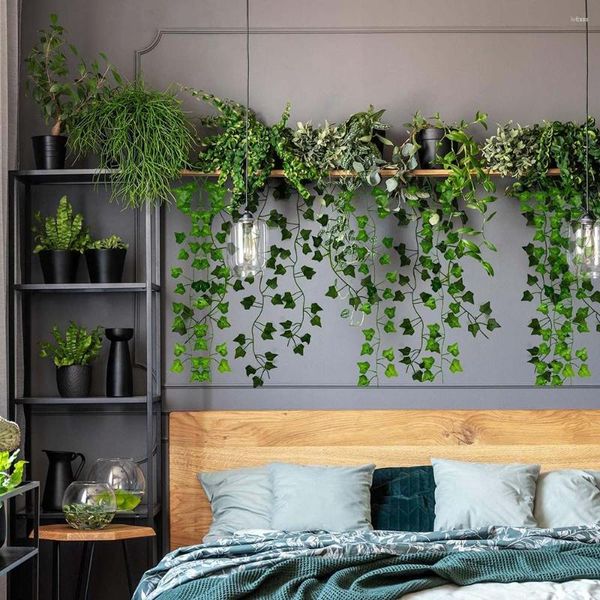 Flores decorativas 2.0M Planta artificial Hoja de hiedra verde Guirnalda Seda Colgante de pared Vid Hogar Jardín Decoración Banquete de boda DIY Guirnalda falsa