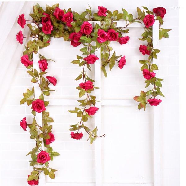 Flores decorativas 2,2 m seda Artificial Rosa vid colgante para decoración de pared ratán plantas falsas hojas guirnalda romántica boda decoración del hogar