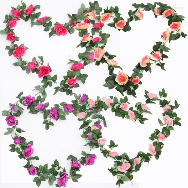 Flores decorativas 2,2 m Decoraciones de boda Rosas de seda falsas Ivy Vine Artificial con hojas verdes Cerca de la pared Guirnalda colgante para la decoración del hogar