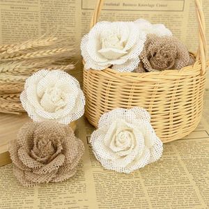 Fleurs décoratives 2/3/5 pièces rétro toile de Jute de Jute Rose fleur artificielle fait à la main bricolage artisanat pour mariage rustique anniversaire décoration de la maison