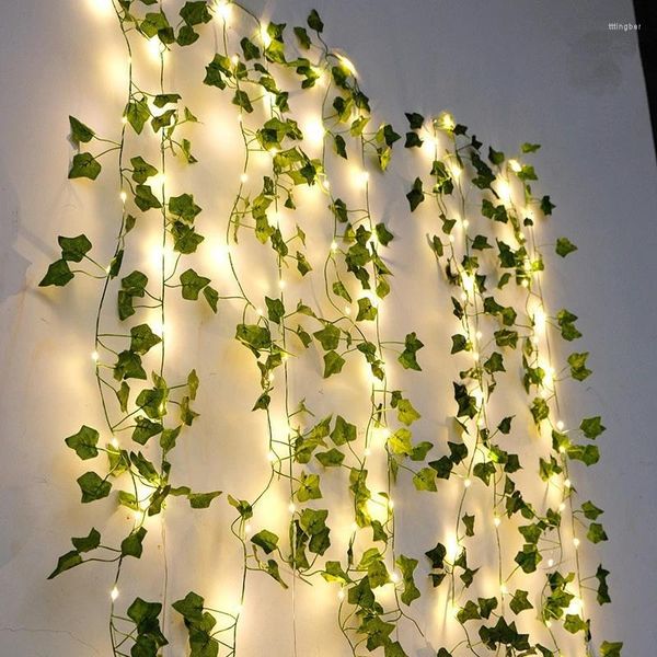 Flores decorativas 2.3m Plantas artificiales Guirnalda de hojas verdes con 2m Led String Light Ivy Vine para decoraciones para el hogar Decoración de la boda DIY Rattan