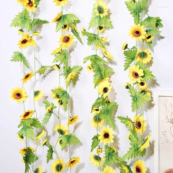 Flores decorativas 2.3m girasoles artificiales caña ratán viñas falsas arco de boda decoración de seda colgando valla de fiesta en casa