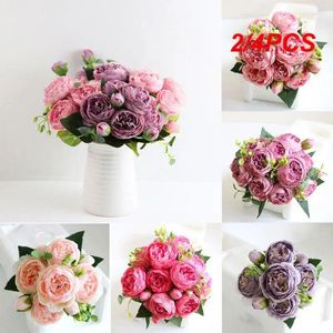 Fleurs décoratives 2/4 pièces 30cm Rose soie pivoine Bouquet artificiel 5 grosse tête et 4 bourgeon faux pour la décoration de mariage à la maison