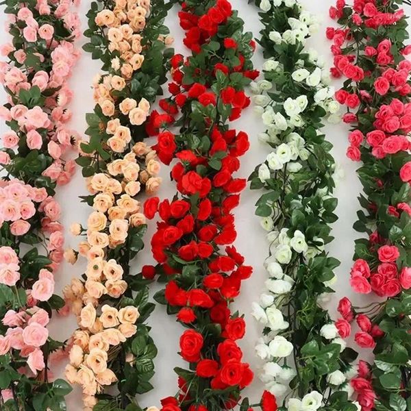 Fleurs décoratives 2,5 m 1,8m Rose Vin de fleur artificielle pour mariage Garland Blanc Rose Rose Home Decoration Silk Han