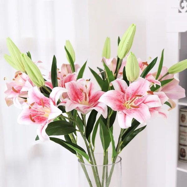 Fleurs décoratives 2 Big Head et 1 Bud Fake Pink Lily Artificiel pour la décoration de mariage à la maison