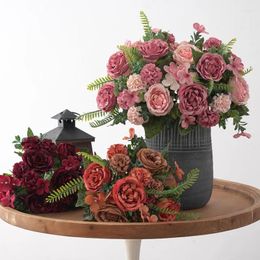 Fleurs décoratives 2 bouquets combinaison artificielle rétro hortensia pivoine soie fausses plantes vertes maison mariage salle décoration Bouquet