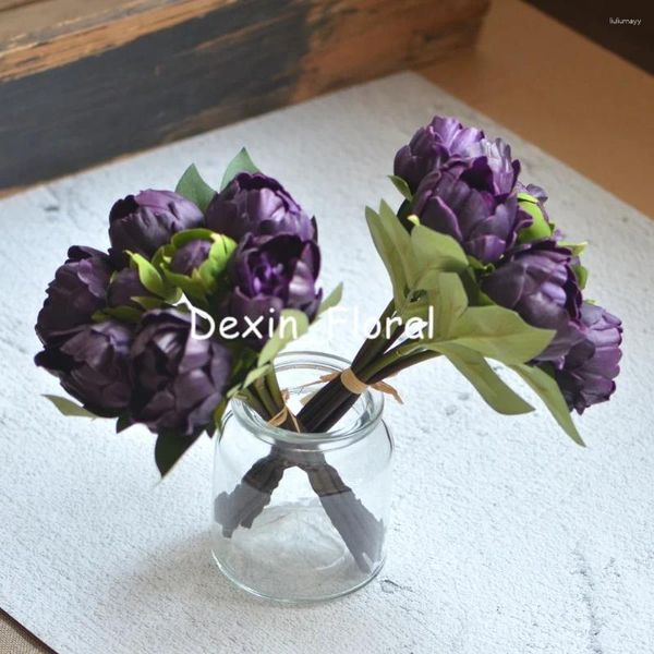 Flores decorativas 2 paquetes berenjena peonías moradas tacto real para ramos de boda DIY centros de mesa para damas de honor