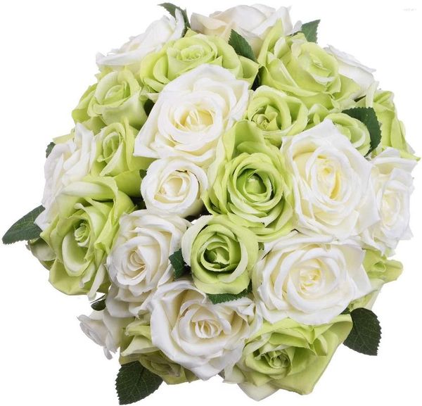 Flores decorativas Paquete de 2 rosas artificiales Ramo de rosas de plástico de seda falsa 18 cabezas Boda nupcial para decoración (verde)