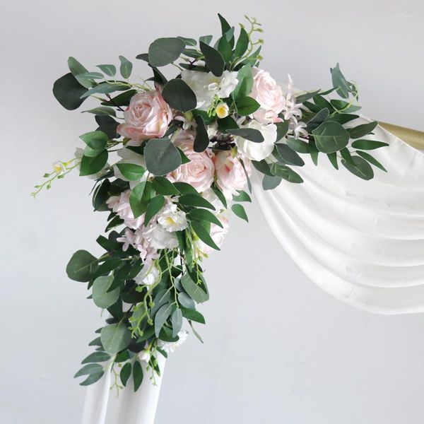 Flores decorativas Paquete de 2 Faux Wedding Flower Arched Pink Props Tarjeta de bienvenida Signo Guirnalda Decoración Fila Fondo Pared Ventana Arreglo