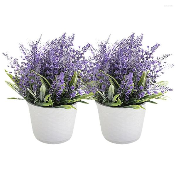 Flores decorativas 2 piezas Planta artificial Adorno de lavanda Plantas Decoración Gota Centros de mesa en maceta de plástico falso para mesas pequeñas