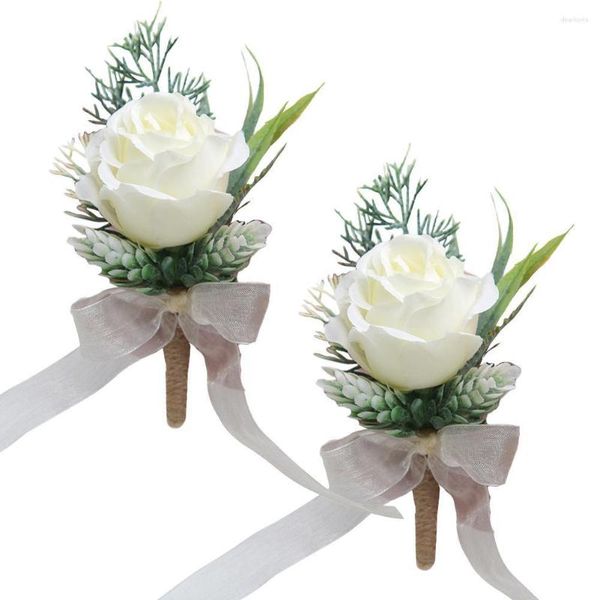 Flores decorativas 2 piezas Ramillete de rosas artificiales Ceremonia de boda para hombres Boutonnieres para hombres Novio Padrinos de boda