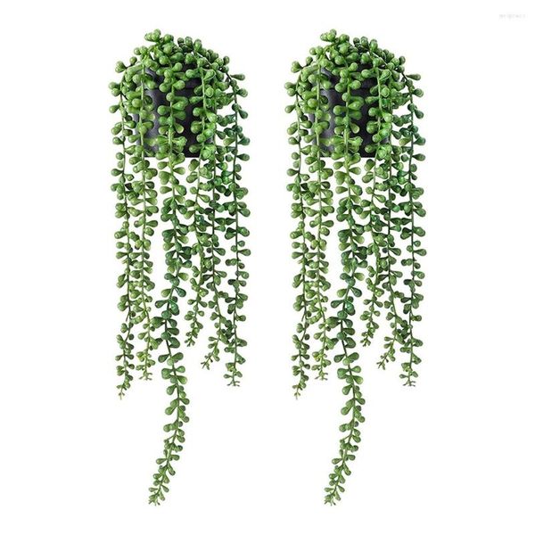 Flores decorativas, 2 uds., plantas colgantes falsas, cadena de perlas suculentas artificiales con jardinera de imitación para pared del hogar