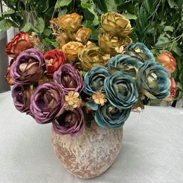 Fleurs décoratives 2 pièces multicolores 9 têtes thé artificiel Rose camélia Simulation fleur plante verte décoration de vacances de mariage