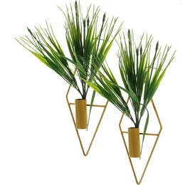 Decoratieve bloemen 2 pc's Outdoor Metalen Decor Wand gemonteerd Pot Home Fake Bonsai 10.5x2.5x25cm Valse ornamenten Gesimuleerd Gouden plastic