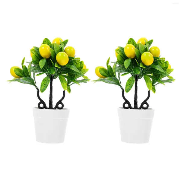 Fleurs décoratives 2 Pcs Patio Arbre Bonsaï Faux Verdure Plantes Artificielles Intérieur Bureau En Pot Décoration De La Maison Agrumes Planteur Faux