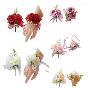 Flores decorativas Conjunto de ramillete de muñeca floral de 2 piezas Rosa artificial y clavel para el novio de la novia