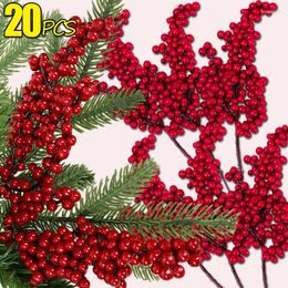 Flores decorativas 20/1 Uds. Ramas de bayas artificiales Navidad rojo acebo baya ramo falso DIY árbol de Navidad corona boda decoración del hogar